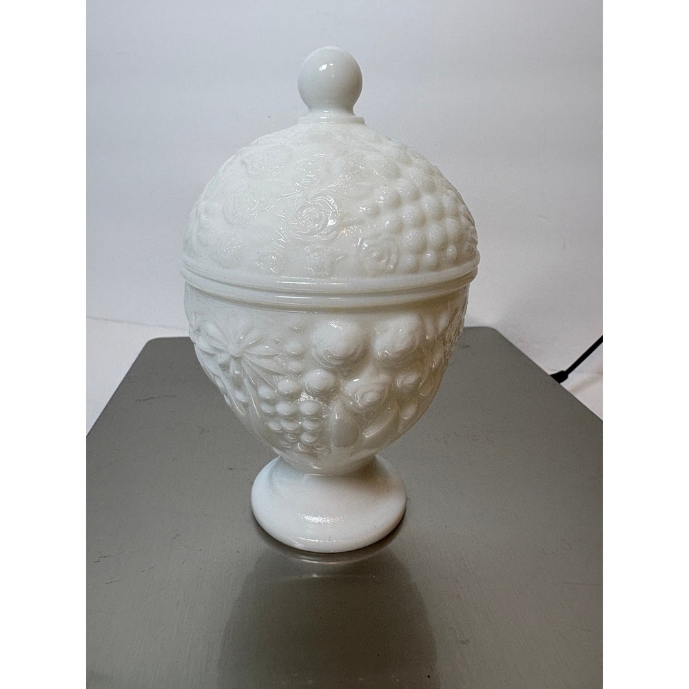 Vintage Avon‎ Milk Glass Candy Dish Harvest Fruit Floral White Pedestal Jar